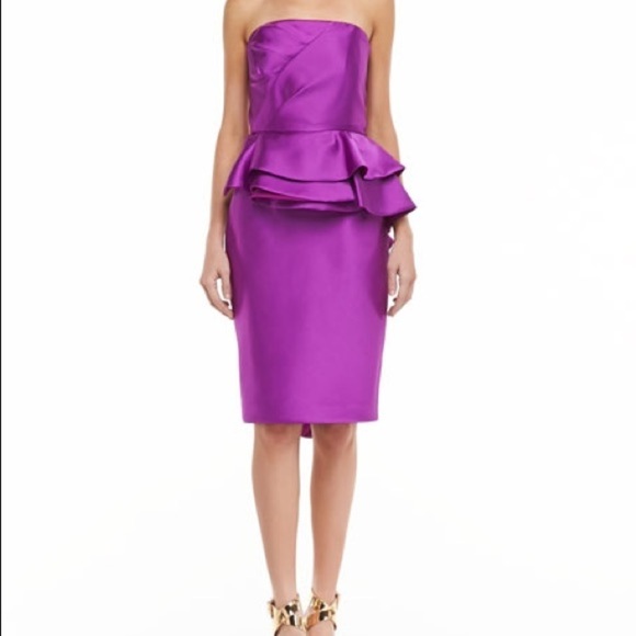 Badgley mischka / purple magenta ruffle strapless satin peplum cocktail dress 4 - Picture 2 of 6